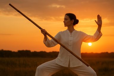 Qi Gong avec bâton Femme en tenue de tai-chi, tenant un bâton, au coucher de soleil.